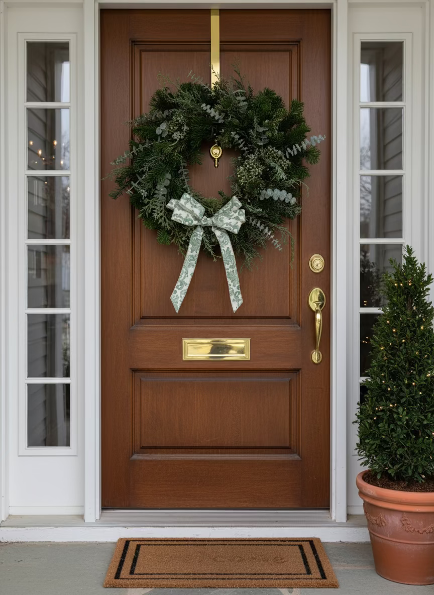 Green wreath with a decorative bow on a white door